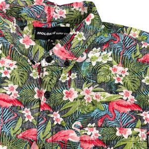 Molokai Surf Co Flamingo Hawaiian Shirt VTG Black Botanical Men's XL Resortwear